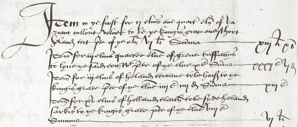 The image shows the entry in the Exchequer records for the earliest mention of Highland tartan, 1538 (NRS reference: E21/34)