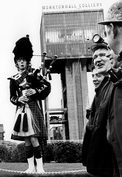 Photo of Miners and piper, Monktonhall Colliery, c 1980